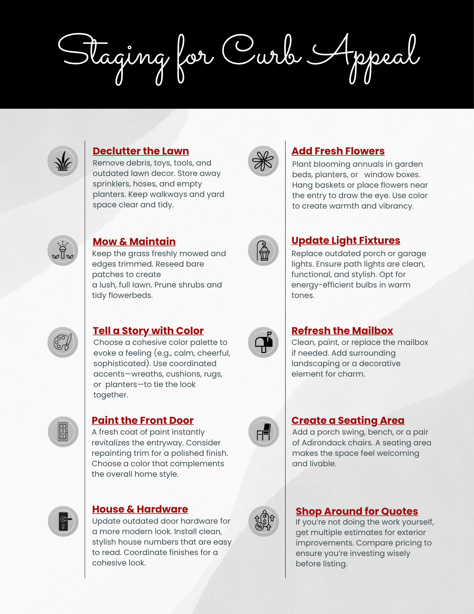 Infographic on styling curly hair with 8 tips, using red and black text on a white background.