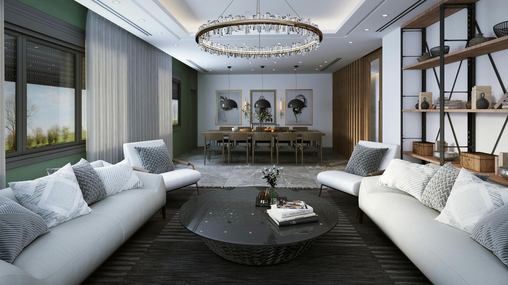 Modern living room with white sofas, a round black coffee table, and a chandelier under large windows