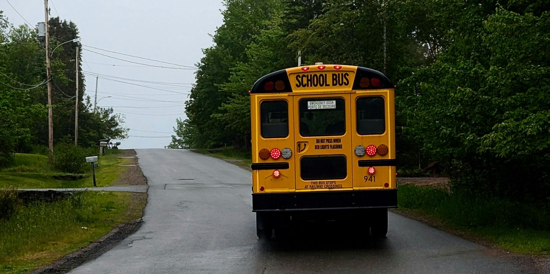 Yellow school bus driving on a wet road through a green wooded area