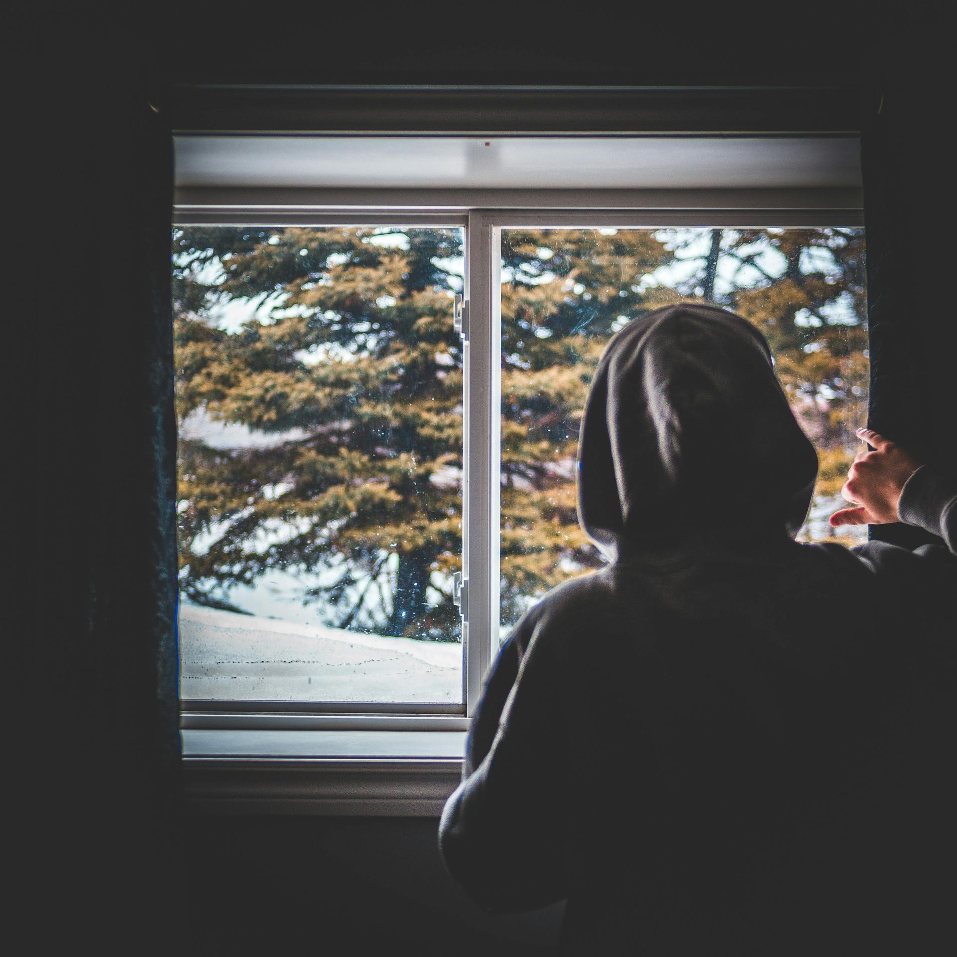 Person in a hooded sweatshirt looks out a window at snowy trees and daylight.