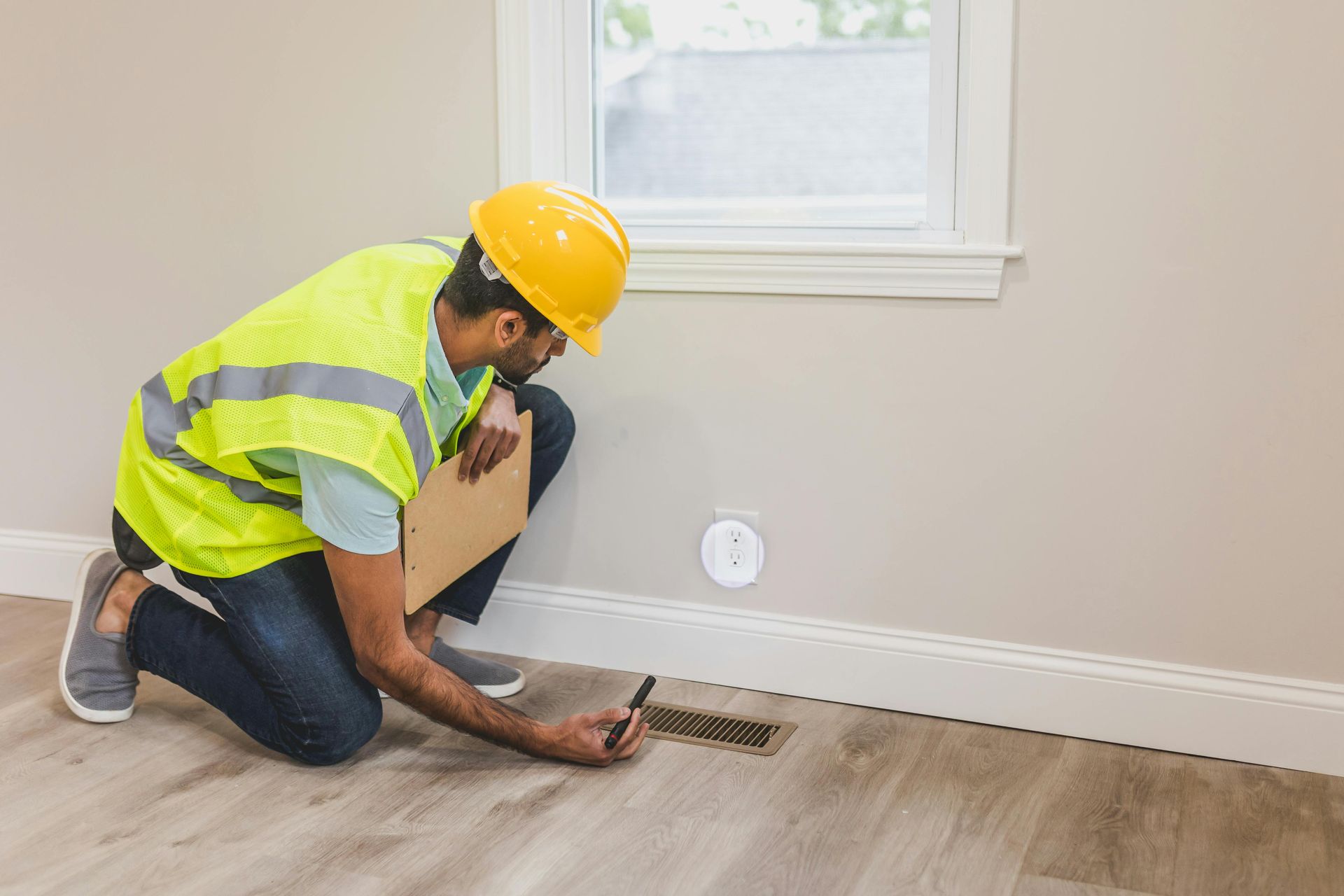 Worker in a yellow safety vest and hard hat inspecting a floor vent in a room.
