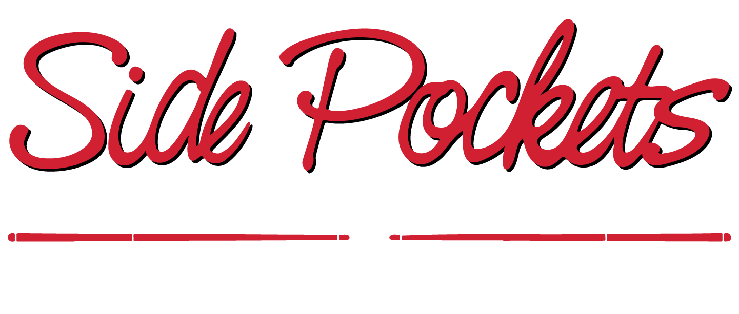 The side pockets logo is written in red on a white background.