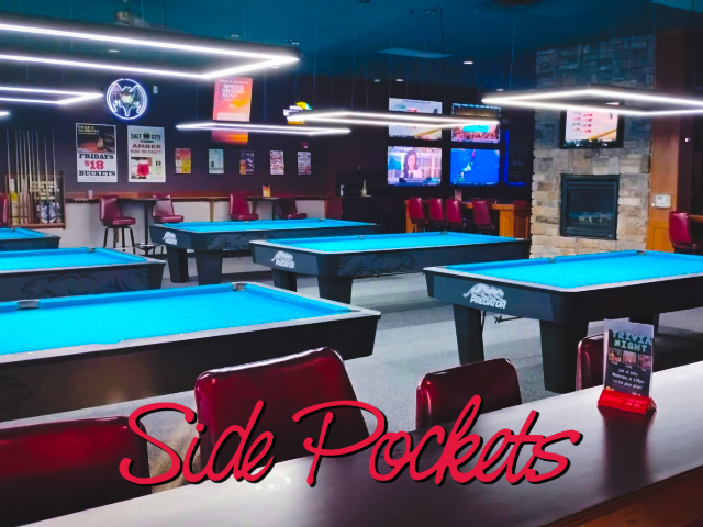 Click to go to Side Pockets Interior of Side Pockets bar with seating, TVs, and neon sign.