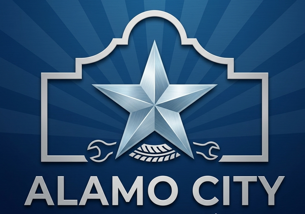 Alamo City logo with silver star on blue background and radiating rays