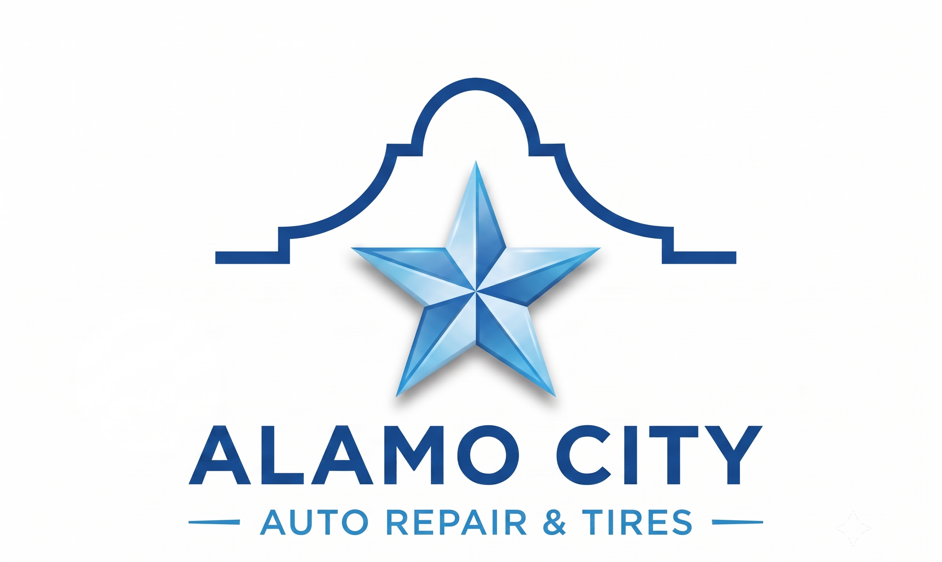 Alamo City Auto Repair & Tires logo with blue star and arch design on a white background