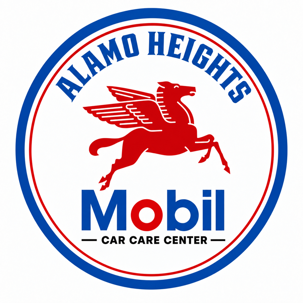 Mobil Car Care Center logo in blue, red, and black text on a white background
