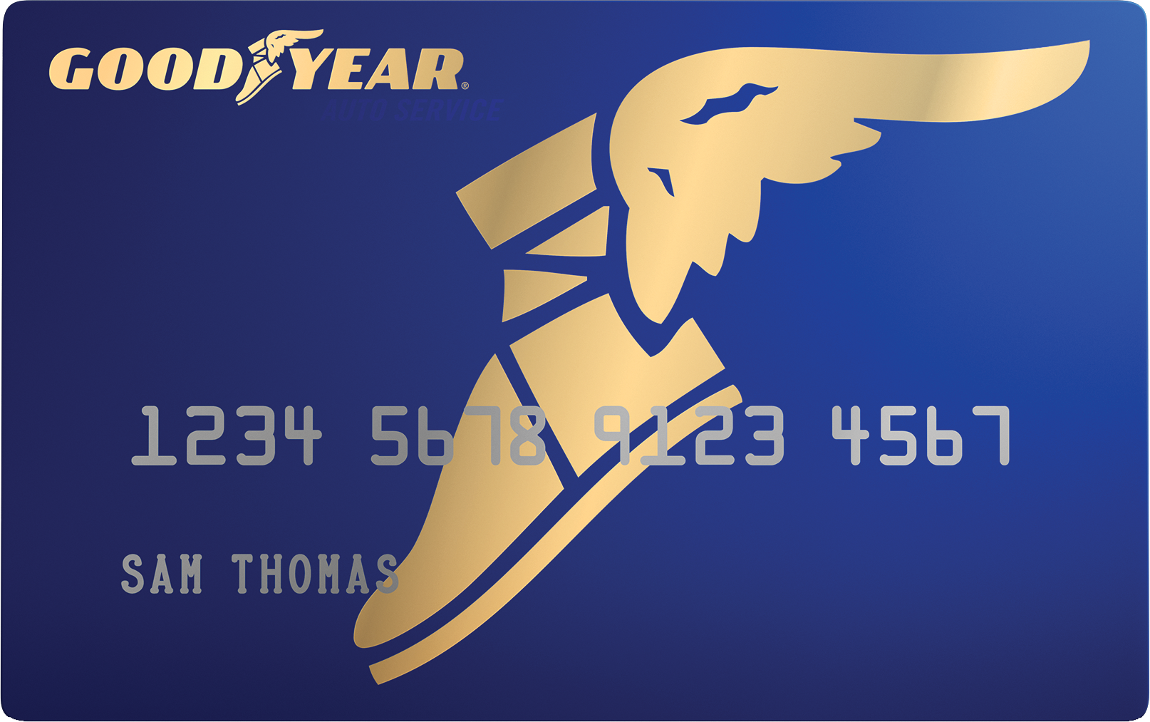 Blue Goodyear card with gold eagle logo and embossed numbers.