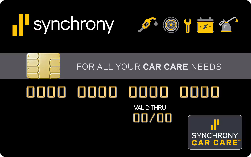 Black Synchrony Car Care credit card with gold chip and logo on a dark background