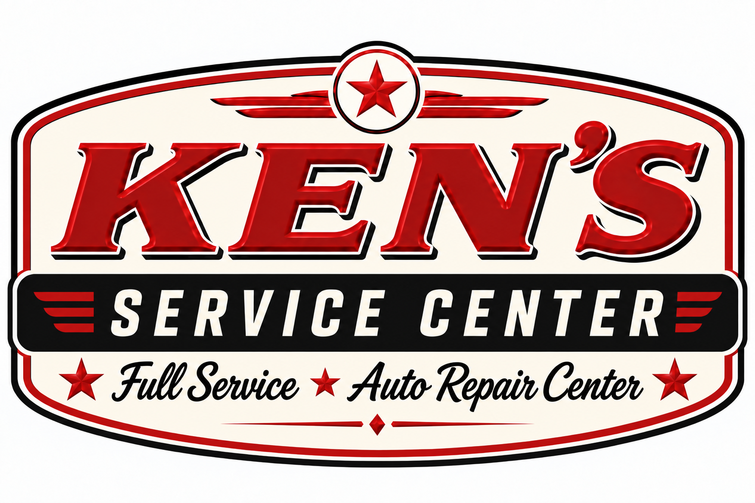 Red Ken’s Service Center logo with stylized white lettering on a red sign