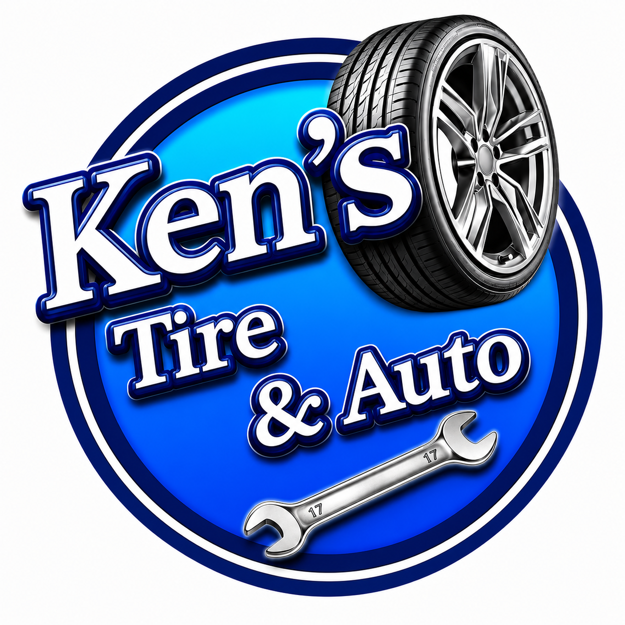Ken’s Tire & Auto logo with a tire, wrench, and blue circular background
