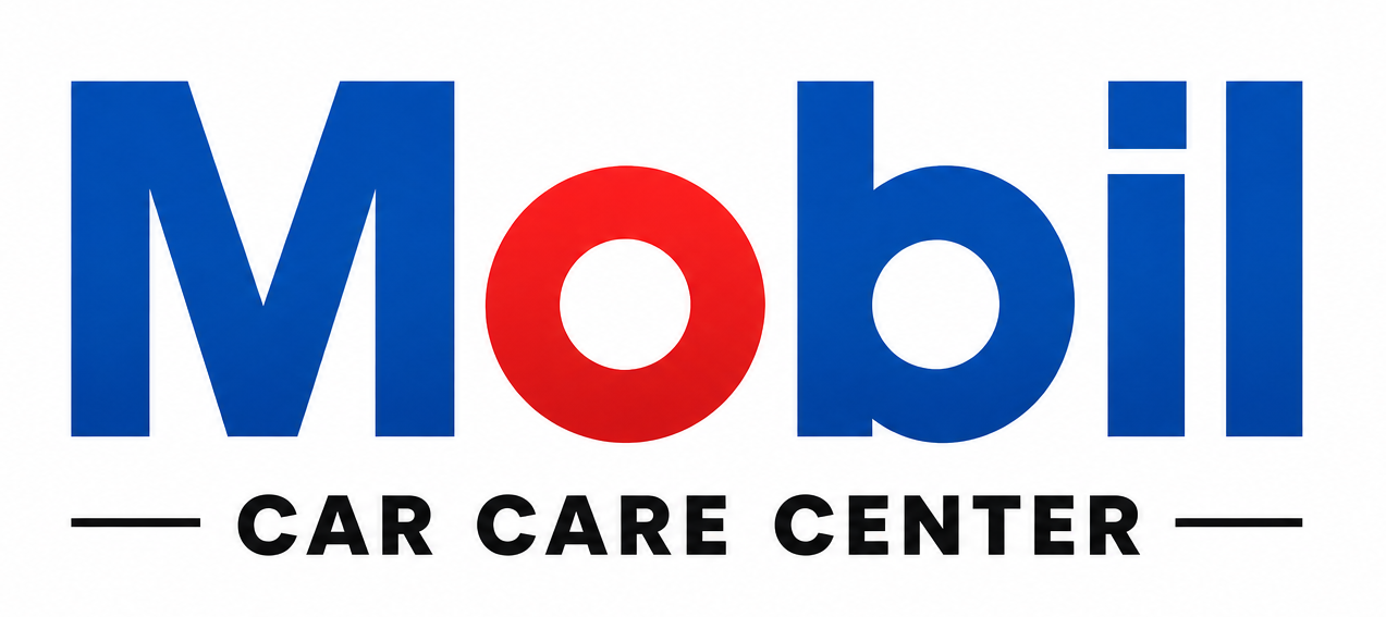 Mobil Car Care Center logo in blue, red, and black text on a white background