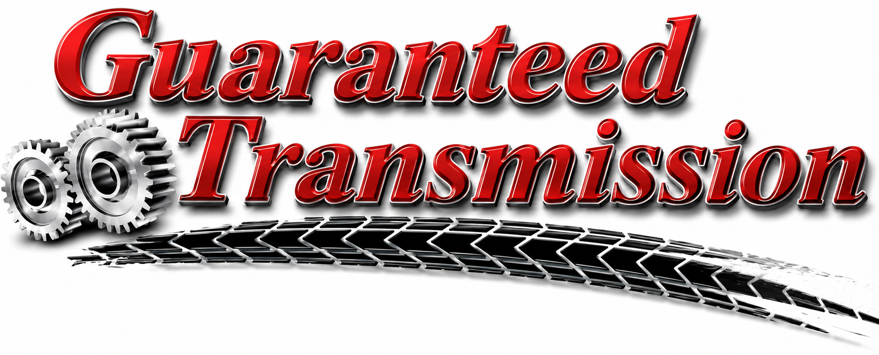 Guaranteed Transmission logo with red text, gears, and a black tire track