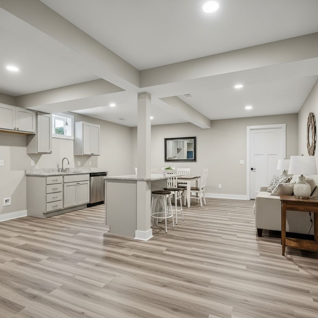 Open-concept basement with kitchen, dining area, and living space; light gray walls, wood flooring, and recessed lighting.