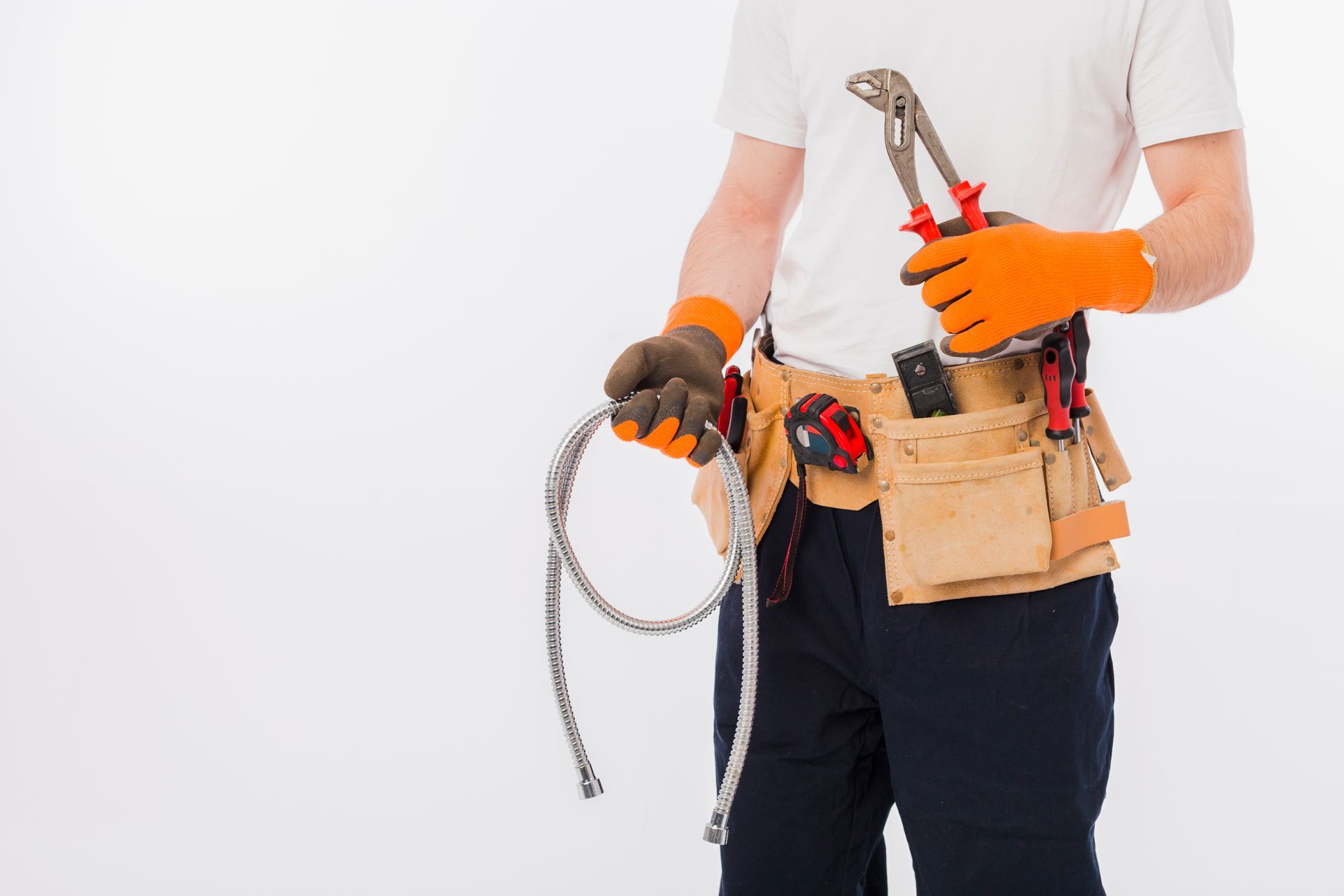 A man wearing a tool belt is holding a pair of pliers and a wire.