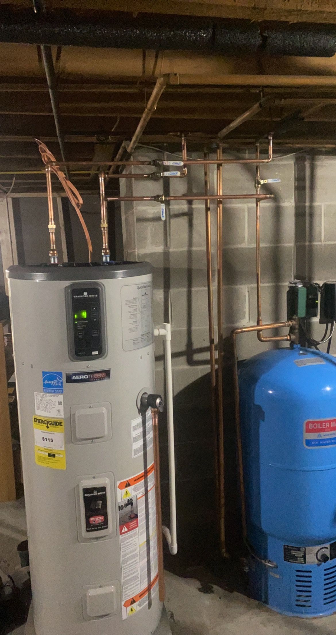 A water heater is sitting in a basement next to a blue tank.
