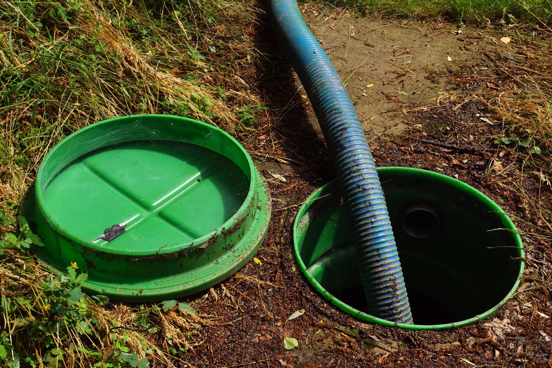 Green septic tank lids with a black hose entering one open tank on a grassy slope