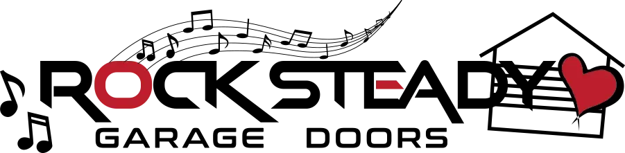 A logo for rocksteady garage doors with music notes and a heart.