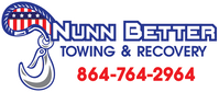 Logo for Nunn Better Towing & Recovery with a tow hook and American flag design and phone number 864-764-2964.