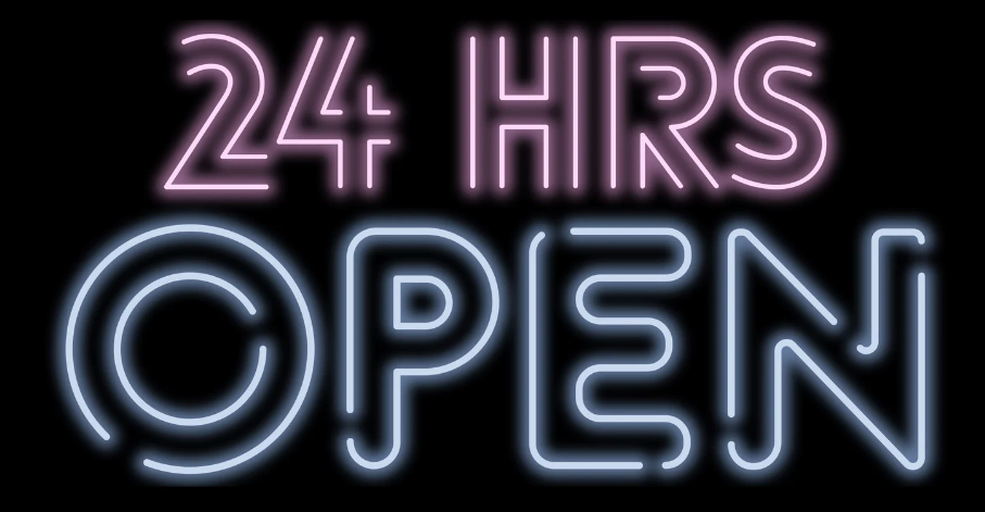 A neon sign that says 24 hrs open on a black background