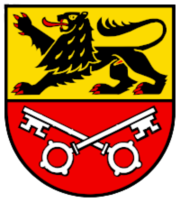 Wappen: goldenes Feld mit schwarzem Löwen, rotes Feld mit gekreuzten weißen Schlüsseln.