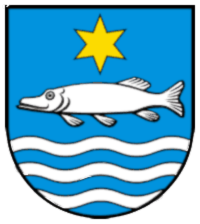 Wappen mit einem gelben Stern über einem weißen Fisch auf blauem Grund, unten mit blauen Wellen.