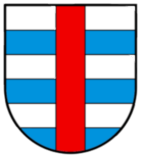 Schild mit blauen und weißen horizontalen Streifen, überlagert von einem vertikalen roten Streifen.