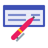 A pen is writing on a check.