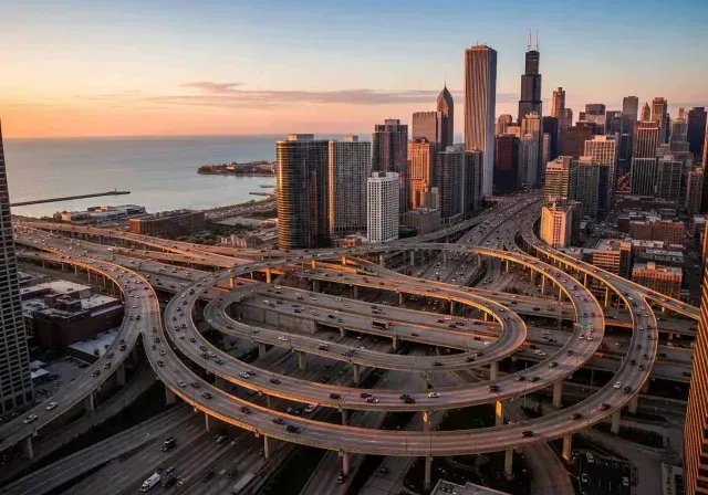 Aerial view of a city skyline at sunset with a busy spiral highway interchange near the waterfront