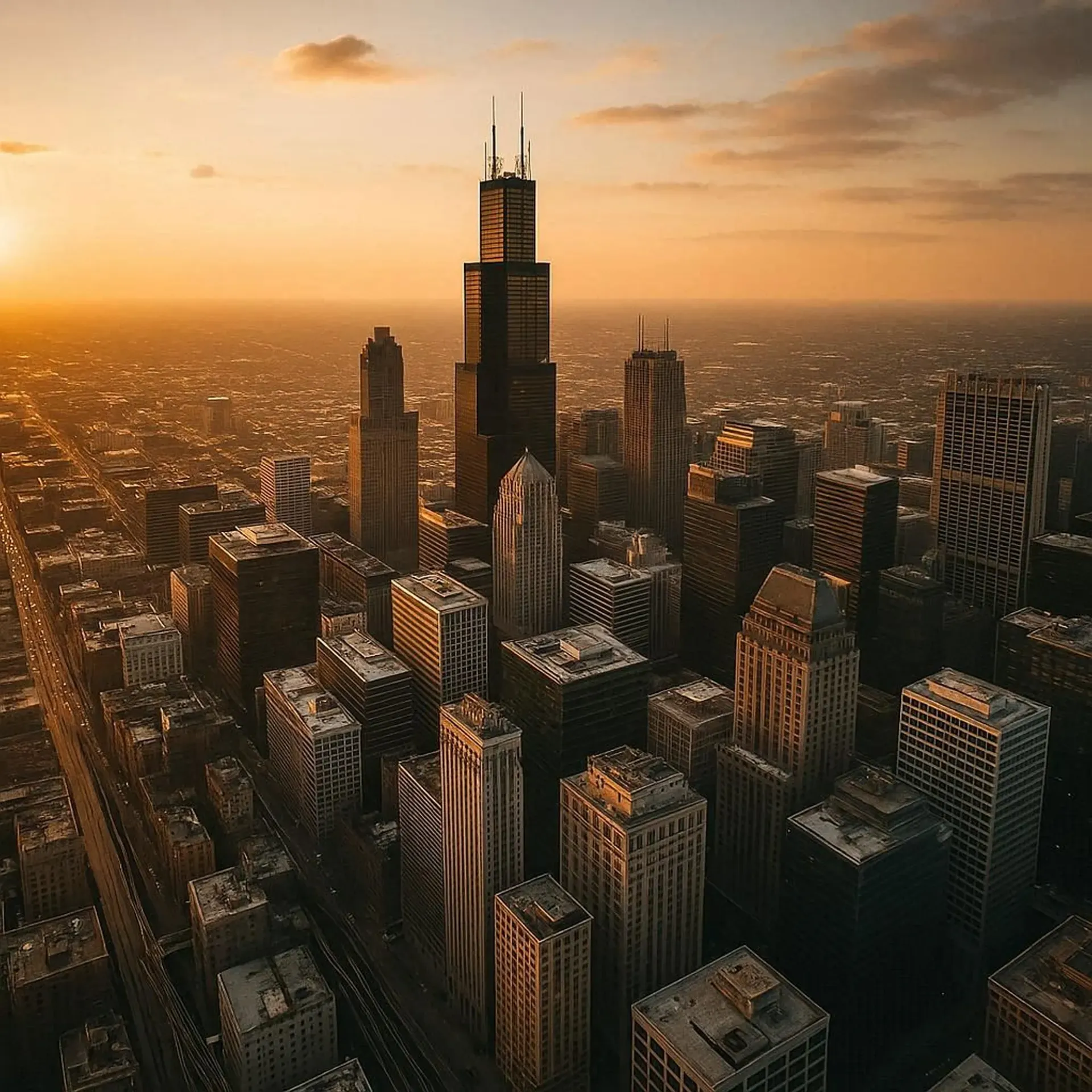 Aerial view of downtown Chicago at sunset, with the Willis Tower rising above the skyline.