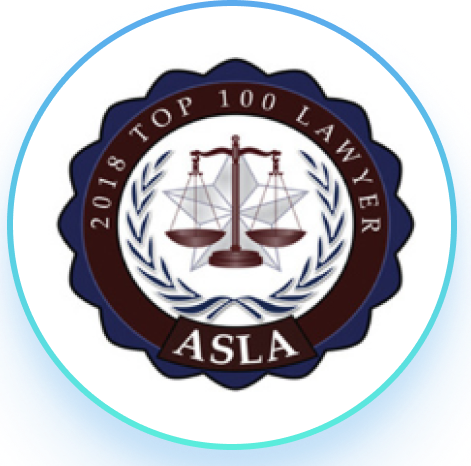 2019 Top 100 Lawyer ASLA badge with scales of justice and laurel wreath in blue and maroon