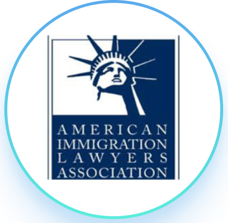 Logo for the American Immigration Lawyers Association, with a blue Statue of Liberty icon and text.