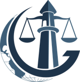 Blue justice logo with a lighthouse and scales inside a crescent shape