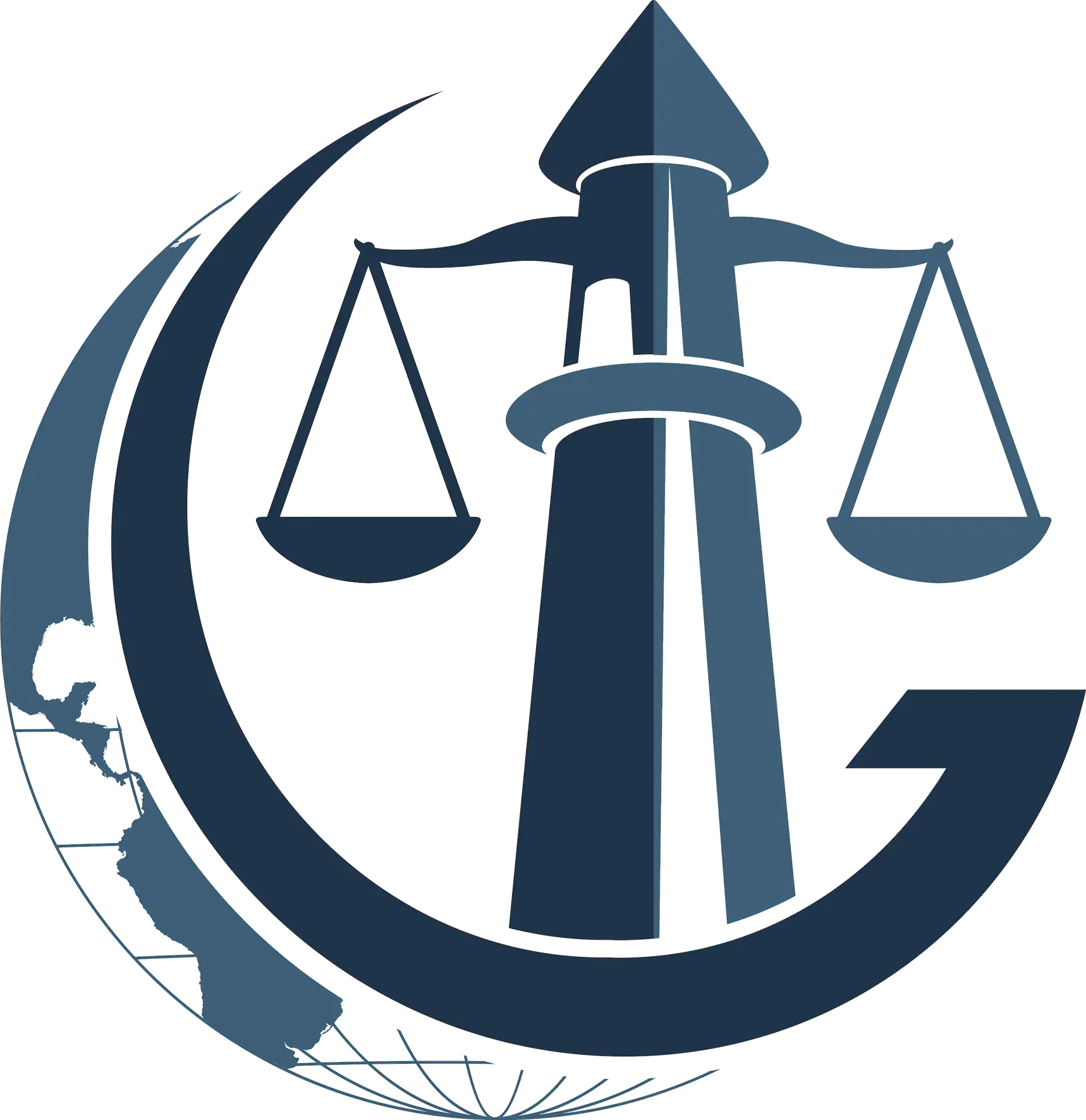 Blue justice logo with a lighthouse and scales inside a crescent shape