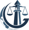Blue justice logo with a lighthouse and scales inside a crescent shape