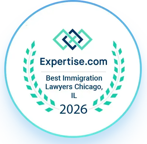 Expertise.com award badge for Best Immigration Lawyers in Chicago, 2022, in teal and blue