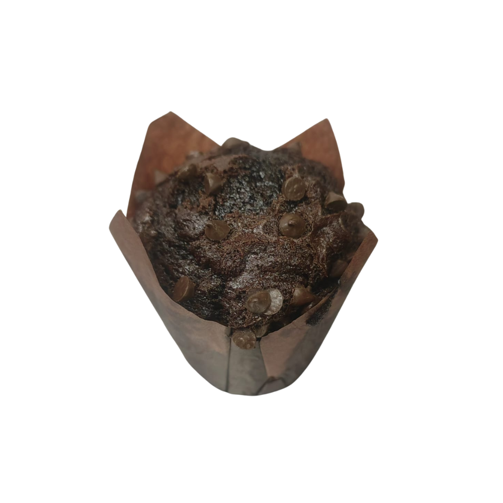 Muffin de chocolate con chips de chocolate envuelto en papel marrón de Azúcar y Cacao
