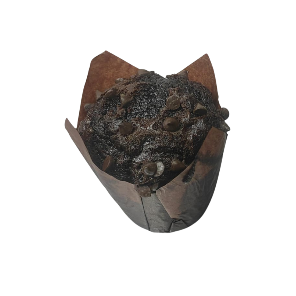 Muffin de chocolate envuelto en papel marrón de Azúcar y Cacao