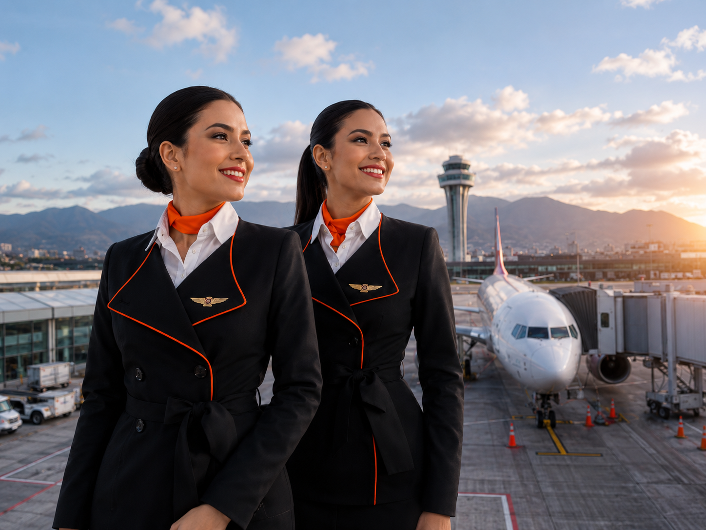 Estudiantes de auxiliar de vuelo con uniforme de la escuela en plataforma de aeropuerto