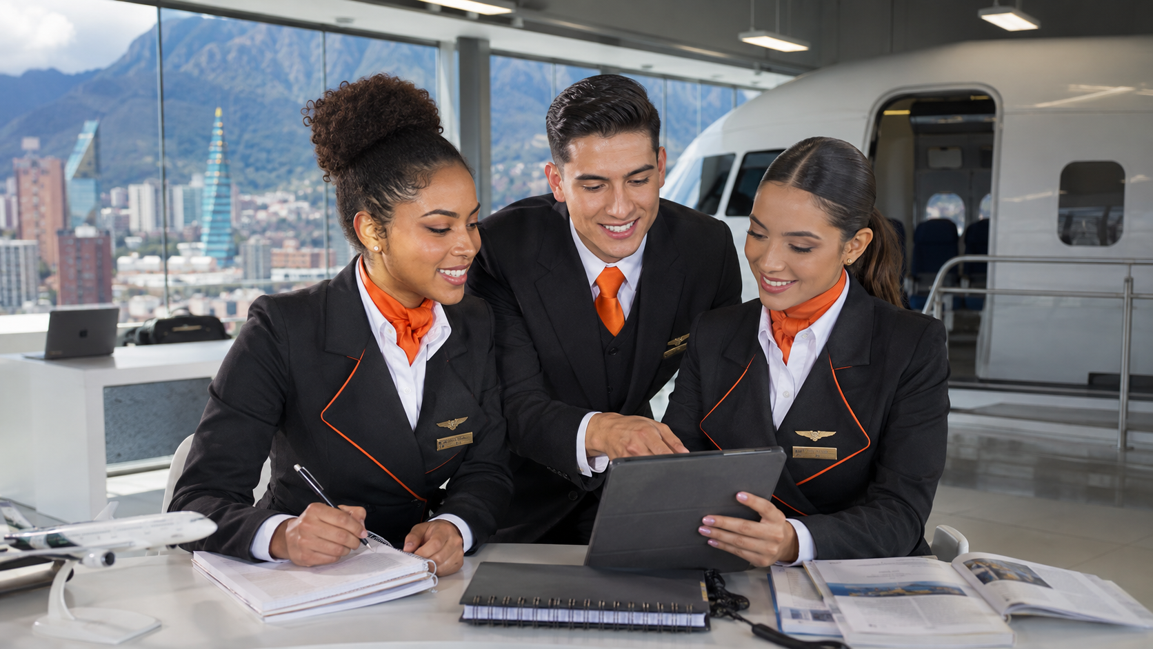 Estudiantes de aviación en Bogotá revisando material de formación en aula con simulador de cabina