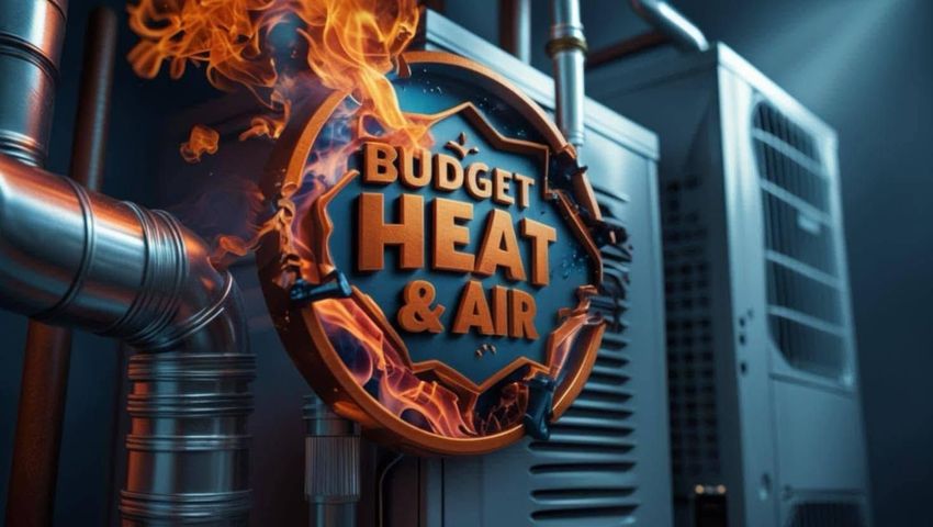 Budget Heat & Air logo with flames, orange and blue on HVAC equipment