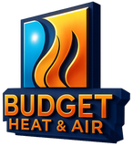 Budget Heat & Air logo with blue and orange flame design