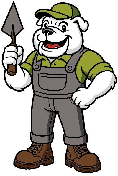 A cartoon bulldog in overalls is holding a trowel.