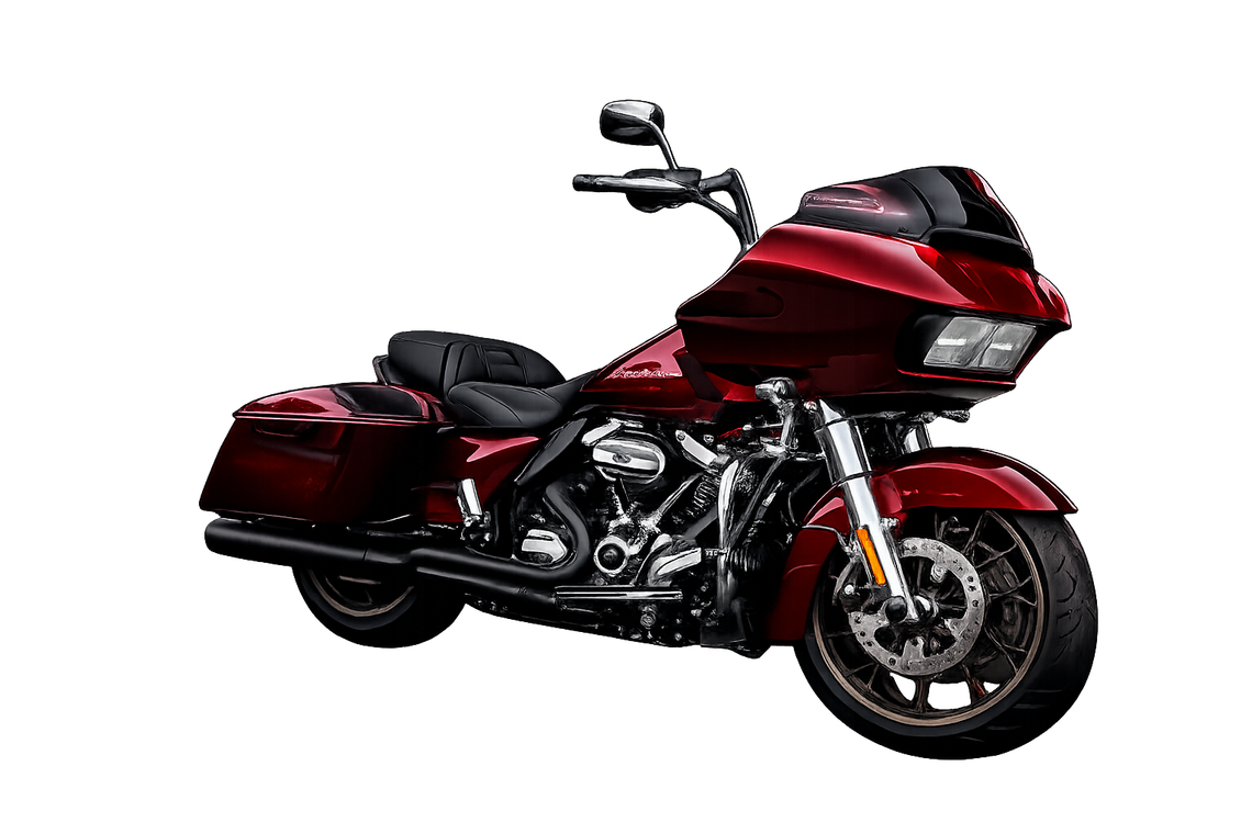 Red touring motorcycle with saddlebags, chrome details, and a windshield on a white background