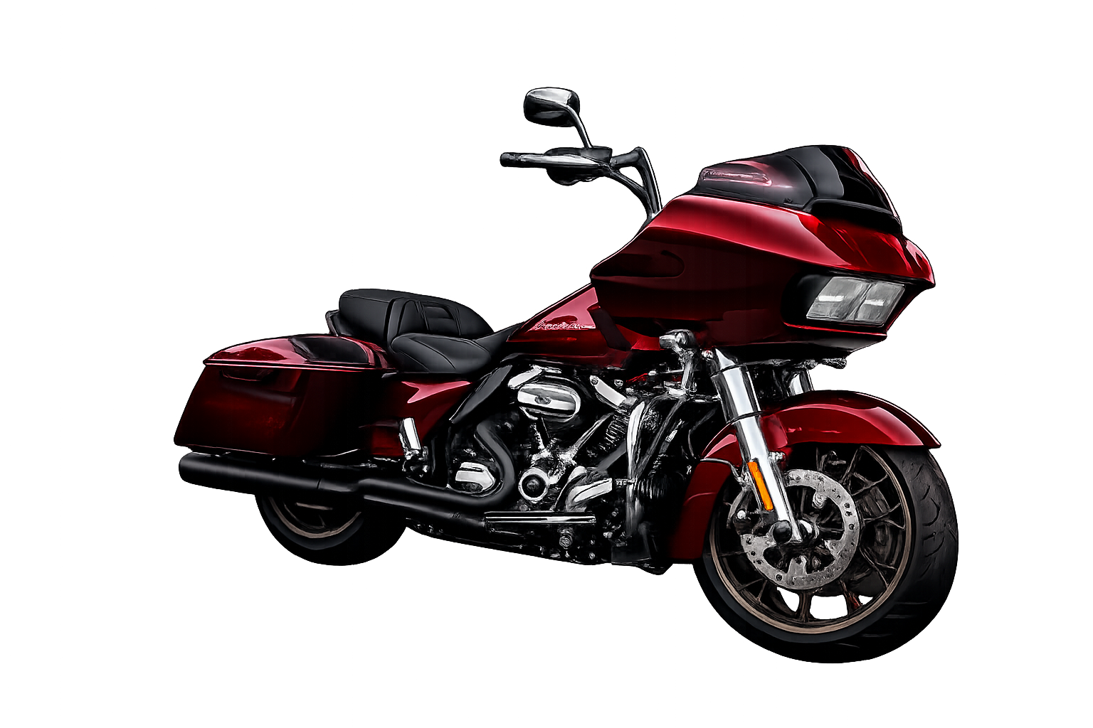 Red touring motorcycle with saddlebags, chrome details, and a windshield on a white background