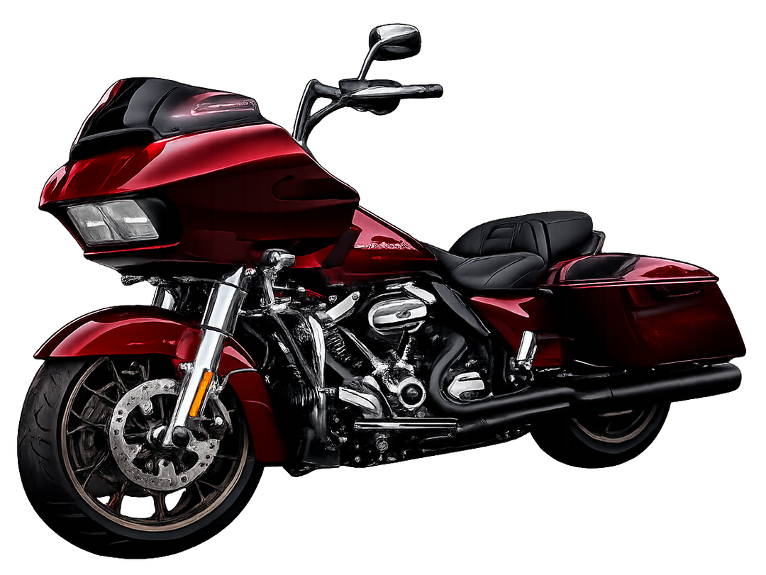 Red touring motorcycle with saddlebags, front fairing, and chrome details on a white background