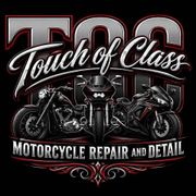Touch of Class motorcycle repair and detail logo with three black motorcycles on a dark red and black background