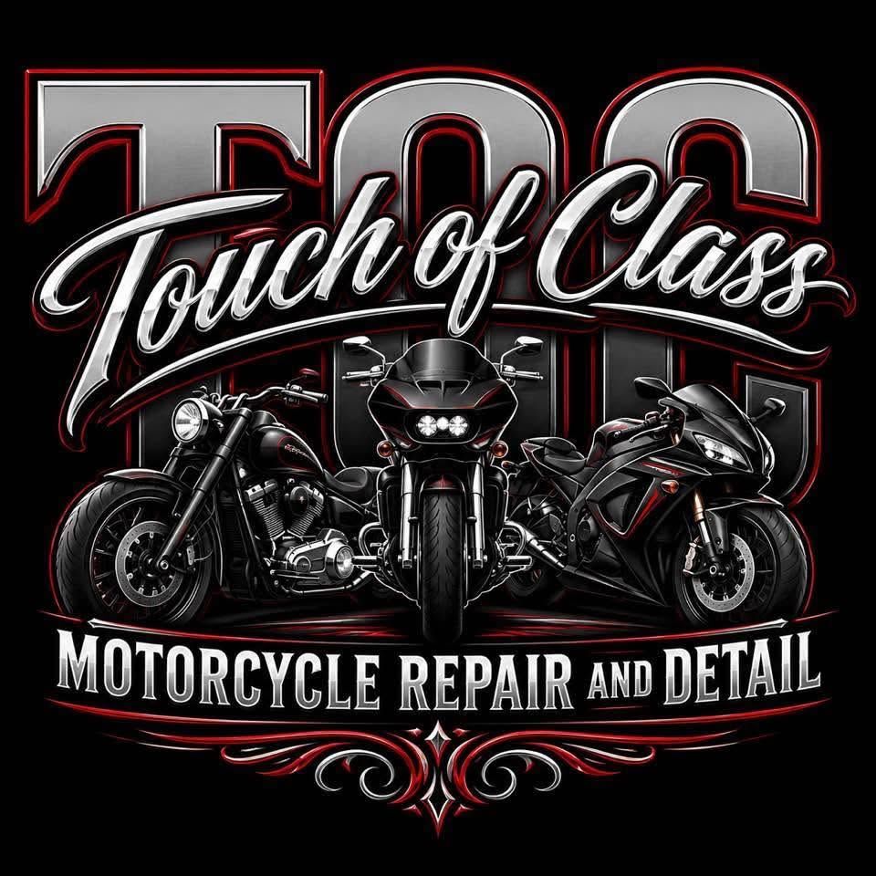 Touch of Class Motorcycle Repair and Detail logo with two motorcycles in black, silver, and red