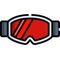 Red ski goggles with black frame and strap, shown front view