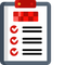 Clipboard checklist icon with red checkmarks and black text lines on a white page