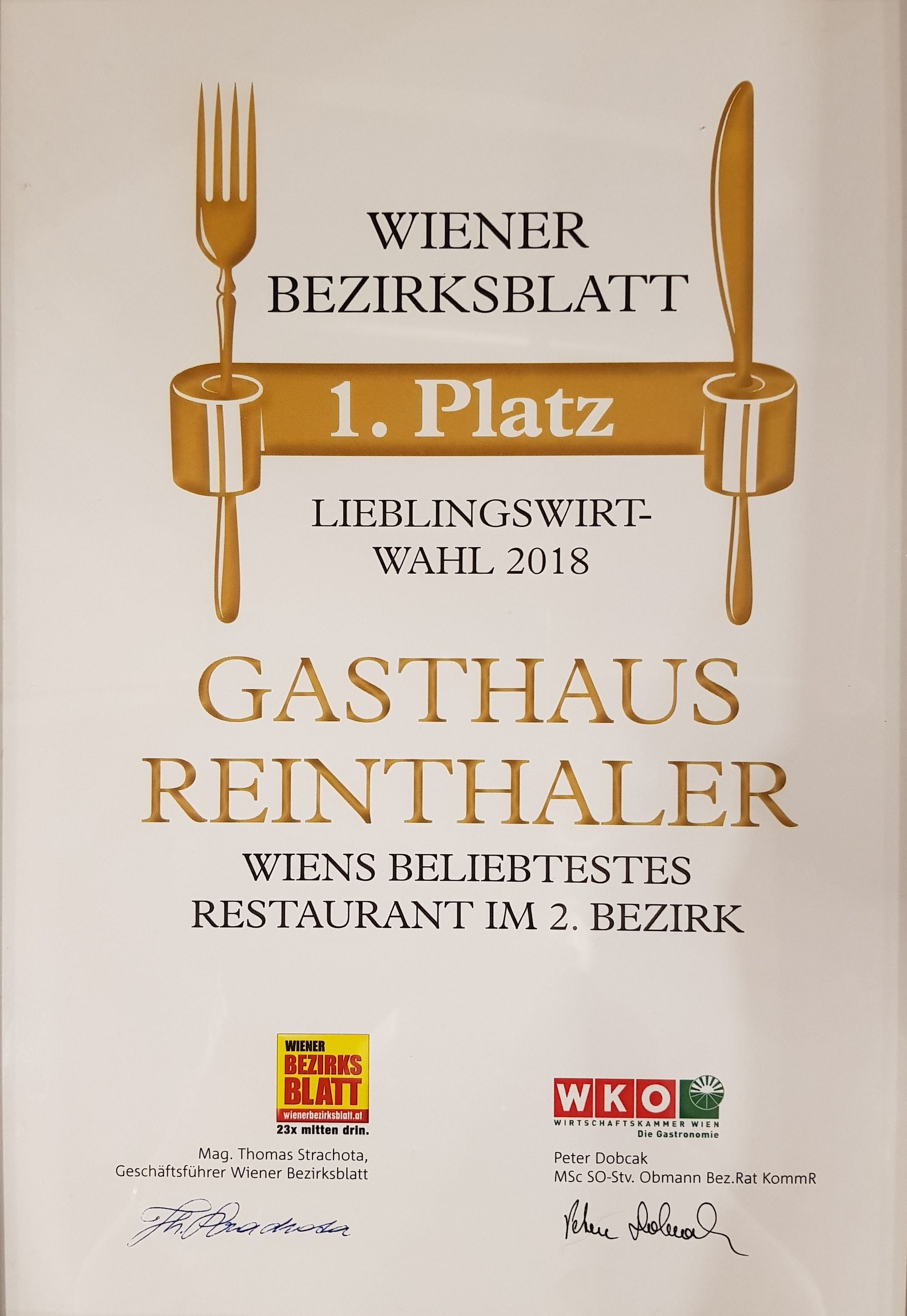 Urkunde - bezirksblatt 1. platz gasthaus reinthaler
